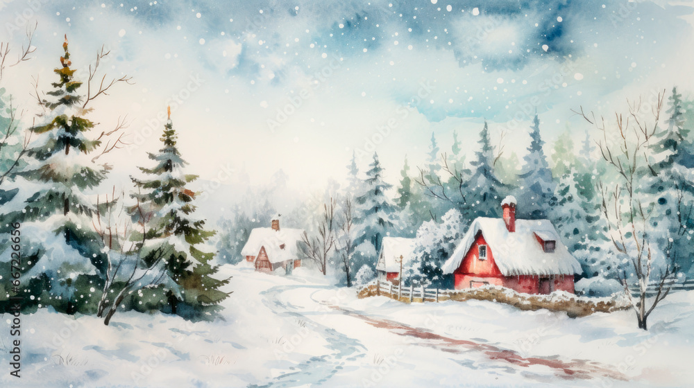 watercolor christmas village in snow, christmas postcard illustration