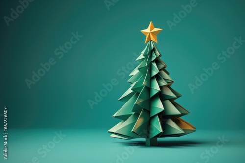 an origami paper christmas tree on studio background, christmas postcard photo