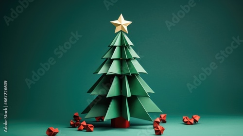 an origami paper christmas tree on studio background, christmas postcard photo