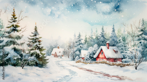 watercolor christmas village in snow, christmas postcard illustration © Anastasia YU