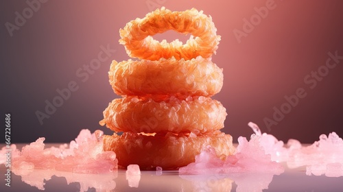  a stack of three donuts sitting on top of a table. generative ai