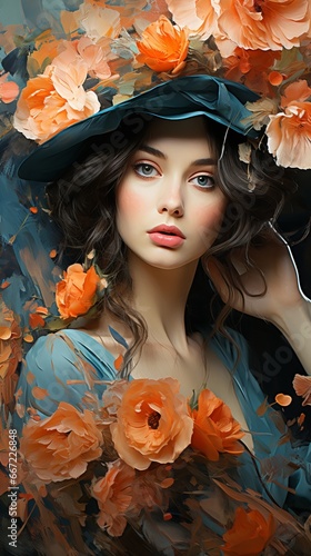 Portrait of a woman, face close-up among wildflowers. A beautiful young girl in a painting in the impressionistic style. Floral composition, design for cards. Concept: tenderness and femininity