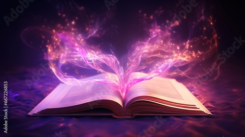  an open book with a purple light coming out of it.  generative ai © Shanti