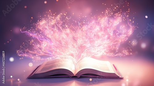  an open book with a pink light coming out of it.  generative ai © Shanti