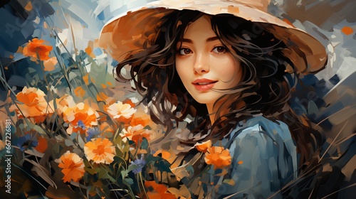 Portrait of a woman, face close-up among wildflowers. A beautiful young girl in a painting in the impressionistic style. Floral composition, design for cards. Concept: tenderness and femininity