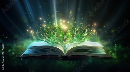  an open book with a green leaf on top of it.  generative ai