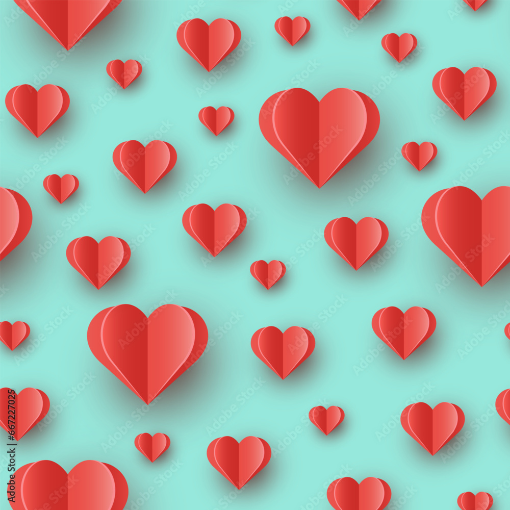 Floating hearts on blue background. Seamless pattern with paper cut decoration. Design for Valentine’s Day. Vector illustration