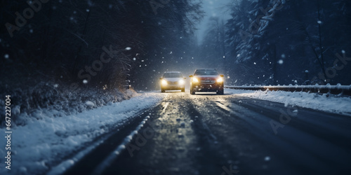 Car driving on a snowy road in the winter forest. © Marc Andreu