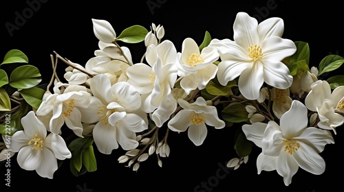  a bunch of white flowers with green leaves on a black background.  generative ai