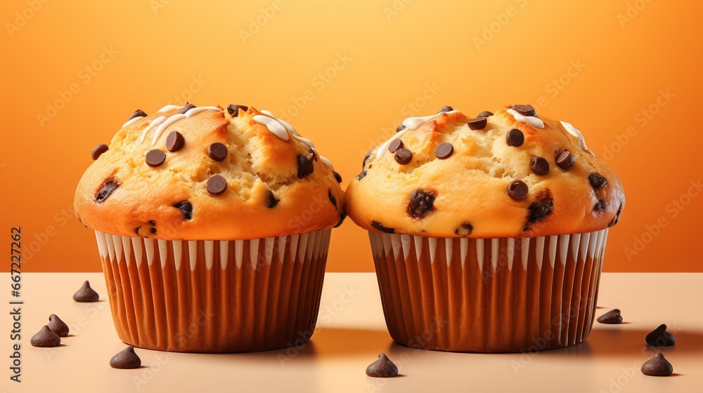 two muffins with chocolate chips on top of them. generative ai two muffins with chocolate chips on top of them. generative ai