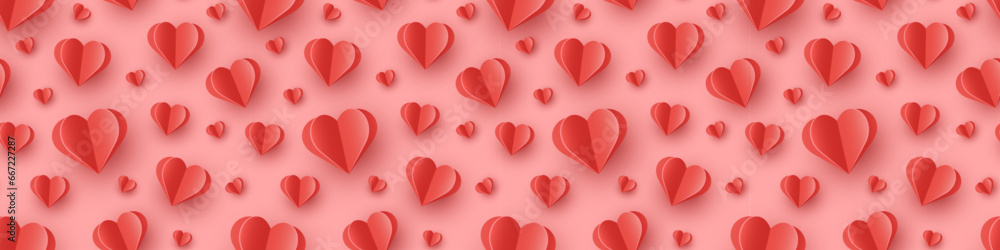 Valentine’s hearts flying on pink background. Seamless pattern with paper cut decorations. Symbols of love. Banner. Vector illustration