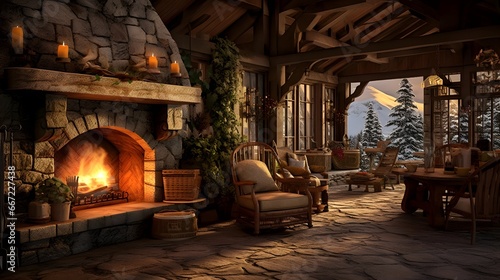 3D rendering of a cozy country house with a fireplace in the evening