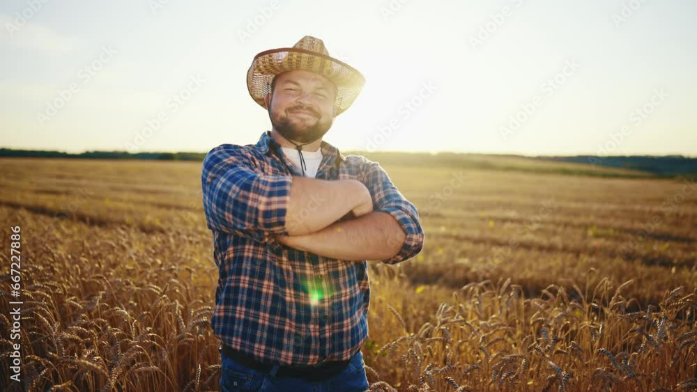 Happy bearded farmer in cap looking at camera standing on agricultural wheat field with combine harvester and dump truck on background. Harvesting, farming at sunset. Food production, agribusiness. Happy bearded farmer in cap looking at camera standing on agricultural wheat field with combine harvester and dump truck on background. Harvesting, farming at sunset. Food production, agribusiness.