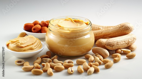  a jar of peanut butter surrounded by peanuts and peanut butter.  generative ai