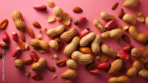  a pile of nuts on a pink background with a pink background.  generative ai