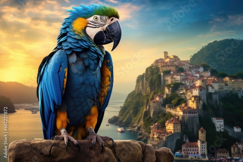 Blue and yellow macaw parrot sitting on a rock on the background of the city.
