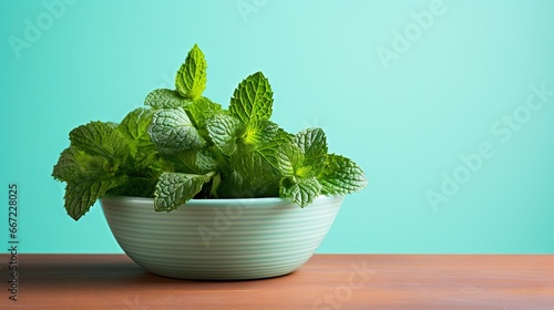  a white bowl filled with green leaves on top of a table. generative ai