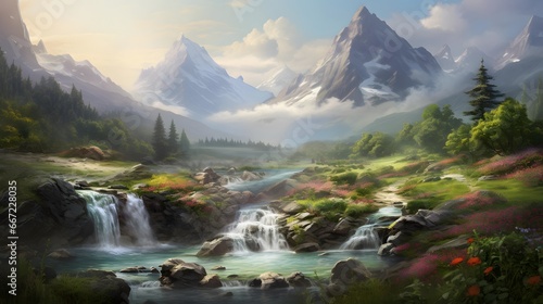 Panoramic view of the mountain river in the morning. Mountain landscape. © Iman