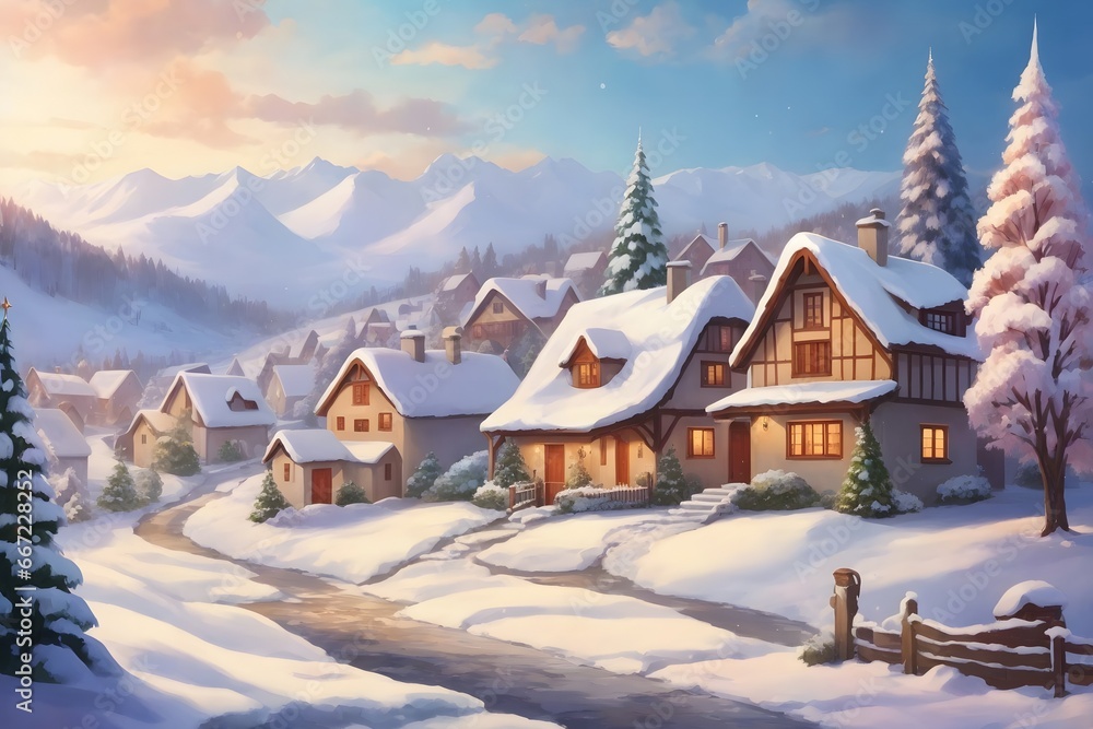 Winter Christmas Landscape with Village Houses Covered with Snow and Tree , Generative Ai Winter Christmas Landscape with Village Houses Covered with Snow and Tree , Generative Ai