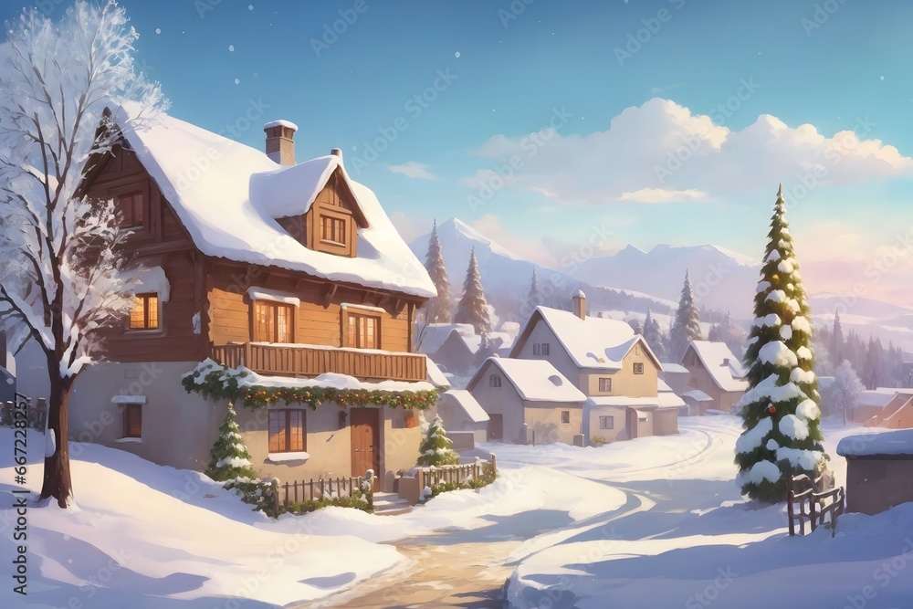 Fototapeta premium Winter Christmas Landscape with Village Houses Covered with Snow and Tree , Generative Ai