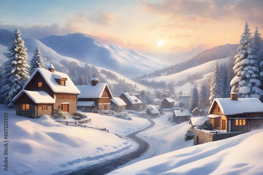 Winter Christmas Landscape with Village Houses Covered with Snow and Tree , Generative Ai