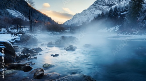 Steam rising from a thermal hot spring, enveloped in the chill of its mountain setting.