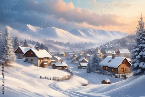 Winter Christmas Landscape with Village Houses Covered with Snow and Tree , Generative Ai © firoz3344