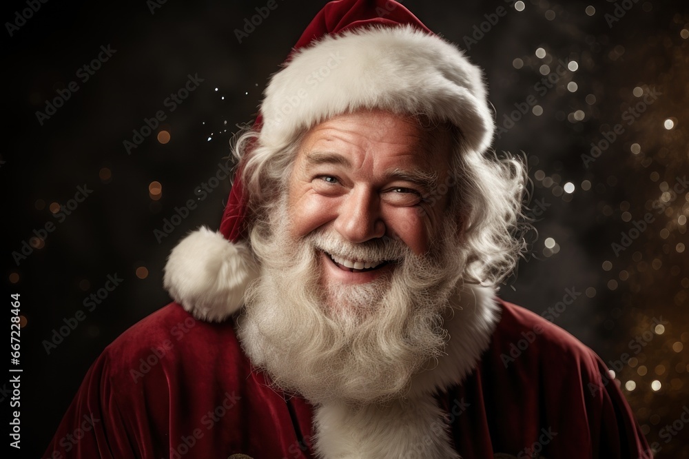 Close up portrait of smiling Santa Claus with gray beard and red suit with hat Close up portrait of smiling Santa Claus with gray beard and red suit with hat