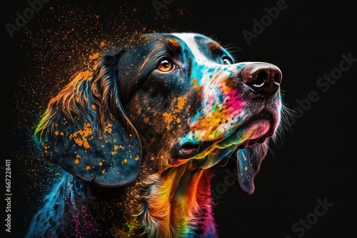 Portrait of a Retriever dog on a black background with colored splashes