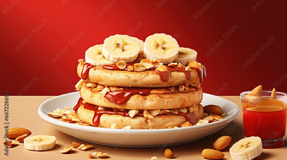  a stack of pancakes with bananas and peanut butter on top.  generative ai