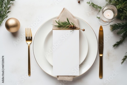Wedding, birthday, Christmas, new year or any celebration table place setting. Menu copy space background. Restaurant menu concept.