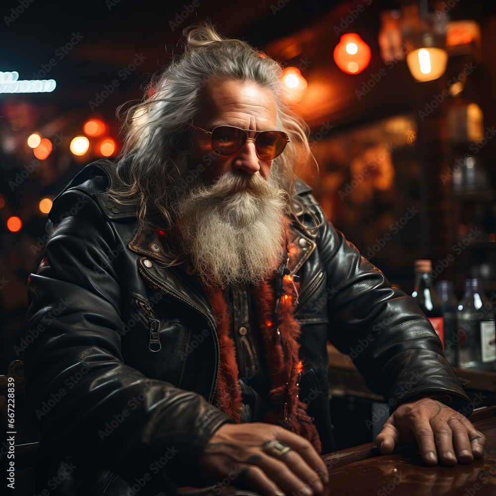 Elderly male rocker in a bar. A grandfather with a white beard and a leather jacket plays the guitar and drinks whiskey. Hardcore old man. Festive neon decor on background.