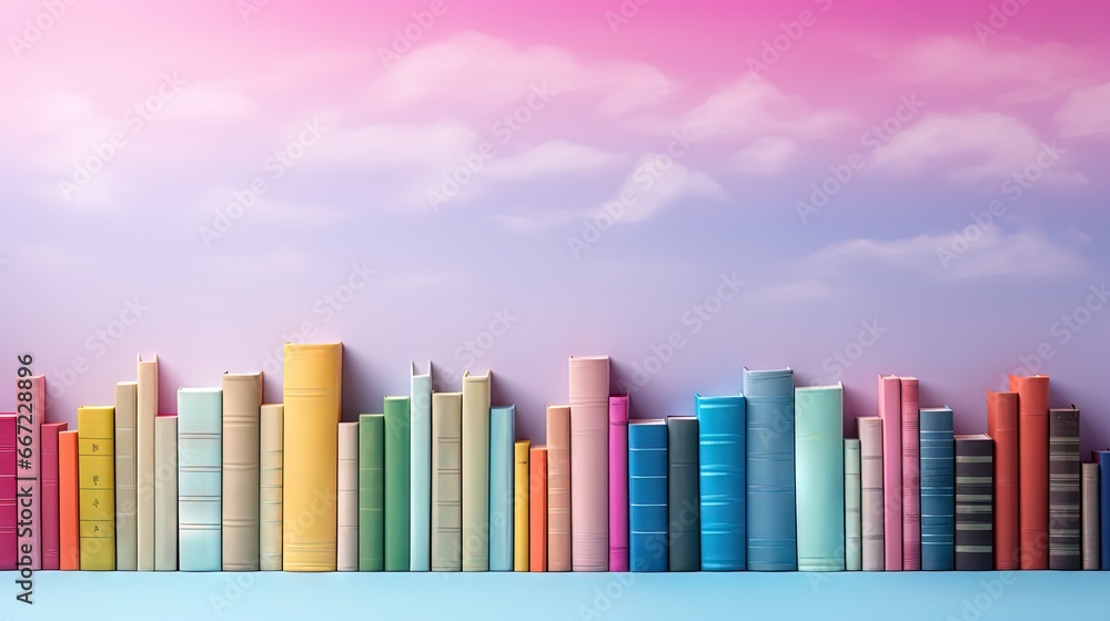  a row of multicolored books sitting on top of a table.  generative ai