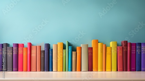  a row of colorful books sitting on top of a table.  generative ai photo