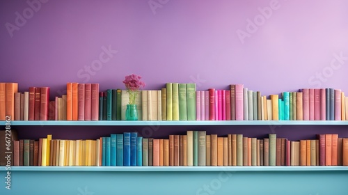  a row of books on a shelf with a vase of flowers. generative ai