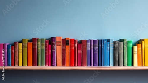  a row of colorful books sitting on top of a wooden shelf.  generative ai