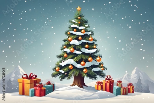 Christmas Gift Tree with Snow Background, Generative Ai