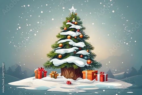 Christmas Gift Tree with Snow Background, Generative Ai