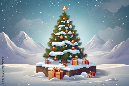 Christmas Gift Tree with Snow Background, Generative Ai