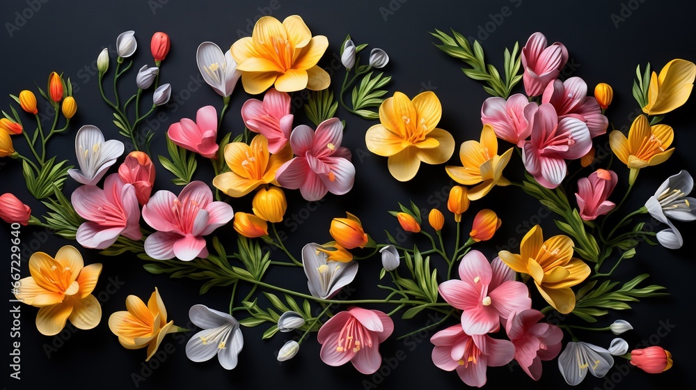 a bunch of flowers that are on a black surface with a black background. generative ai a bunch of flowers that are on a black surface with a black background. generative ai