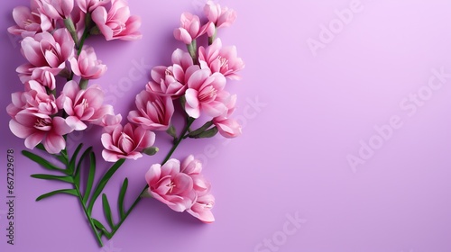  a bunch of pink flowers on a purple background with space for text.  generative ai © Shanti