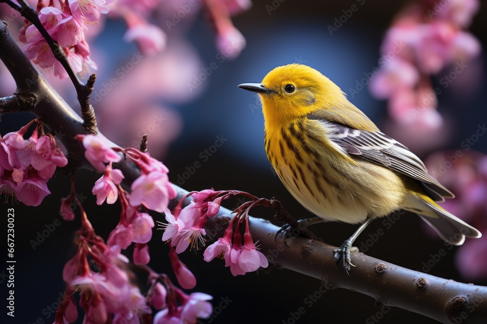 Beautiful bird on a branch with cherry blossom in the rain Beautiful bird on a branch with cherry blossom in the rain