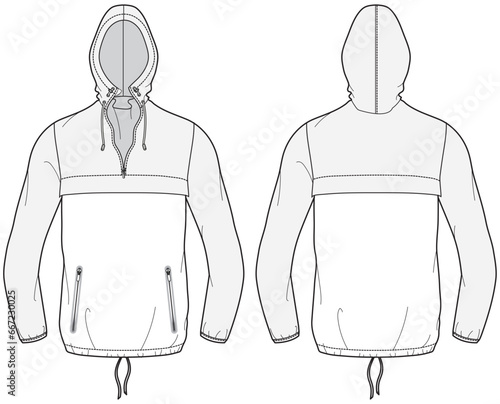 Lightweight cagoule Hoodie jacket design flat sketch Illustration, popover Hooded jacket with front and back view, Anorak winter jacket for Men and women. for hiker, outerwear and workout in winter