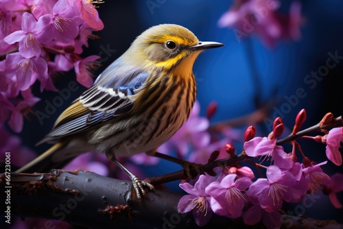 Beautiful bird on a branch with cherry blossom in the rain