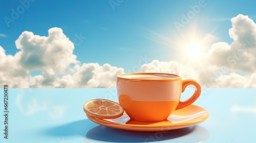  a cup of coffee with a slice of orange on a saucer. generative ai