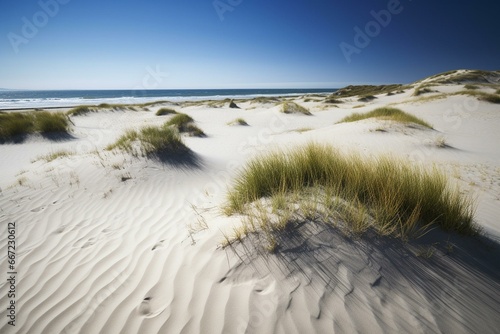A sunny coastal setting with white sand dunes. Generative AI