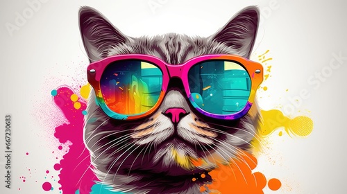 Funny cat with sunglasses and colorful splashes