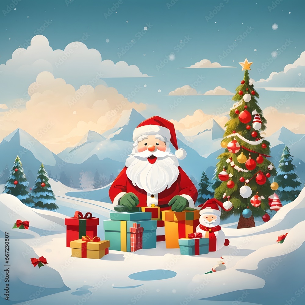 Merry Christmas With Cartoon Santa Claus Snowman Gifts Box Background, Generative Ai