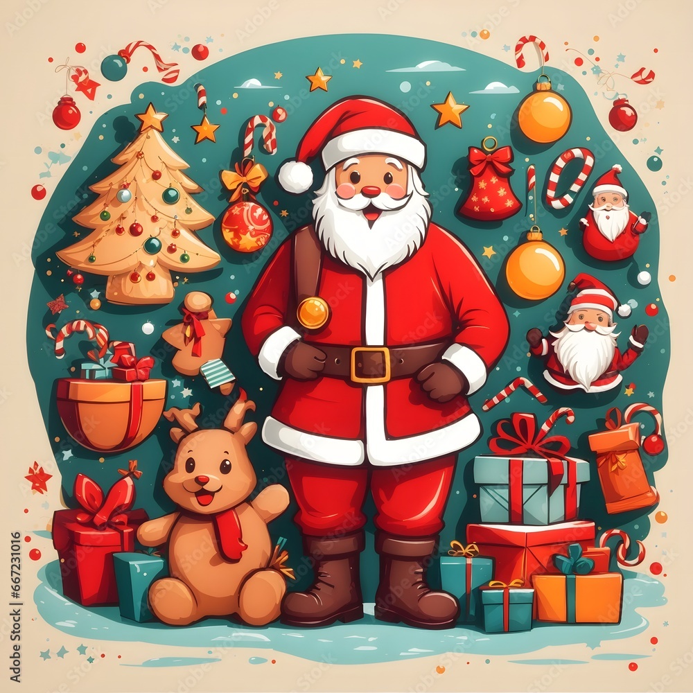 Happy Christmas Illustration Doodle Style Vector Illustration with Santa Claus Background, Generative Ai