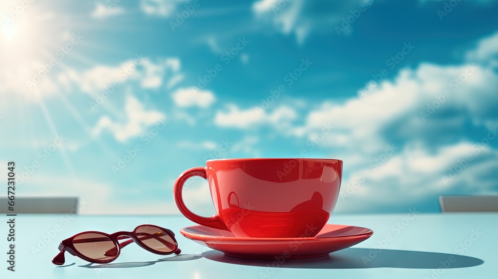  a red coffee cup with a pair of sunglasses on a table.  generative ai